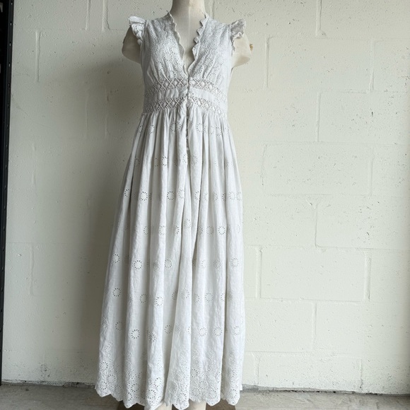 Free People Peach Pie Midi Dress Small White floral lined Ruffle Sleeve Crochet - Picture 2 of 12